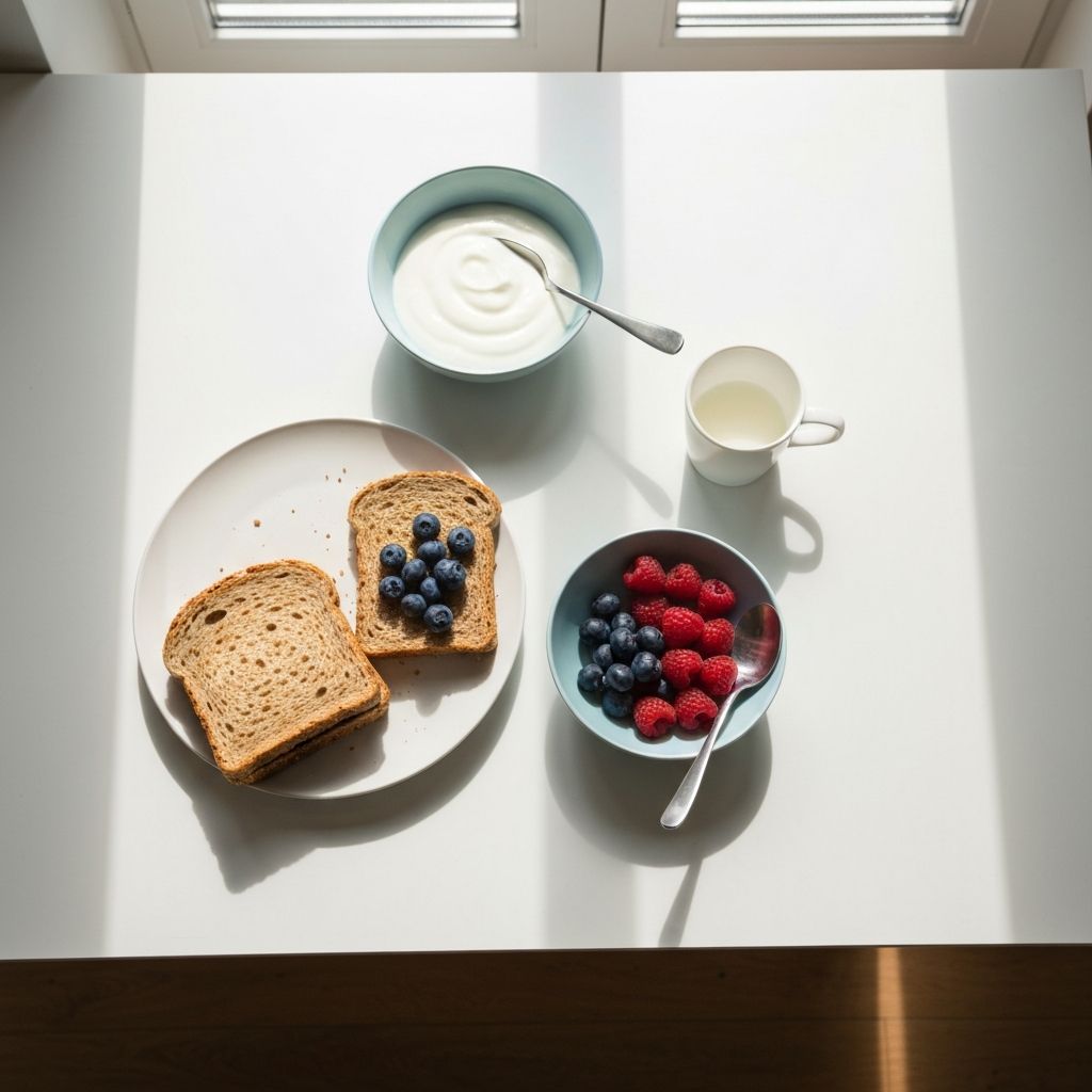 Frühstückstisch mit Vollkornbrot und frischen Beeren