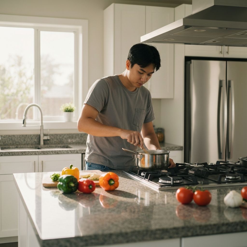 Person beim Kochen in moderner Küche mit frischen Zutaten