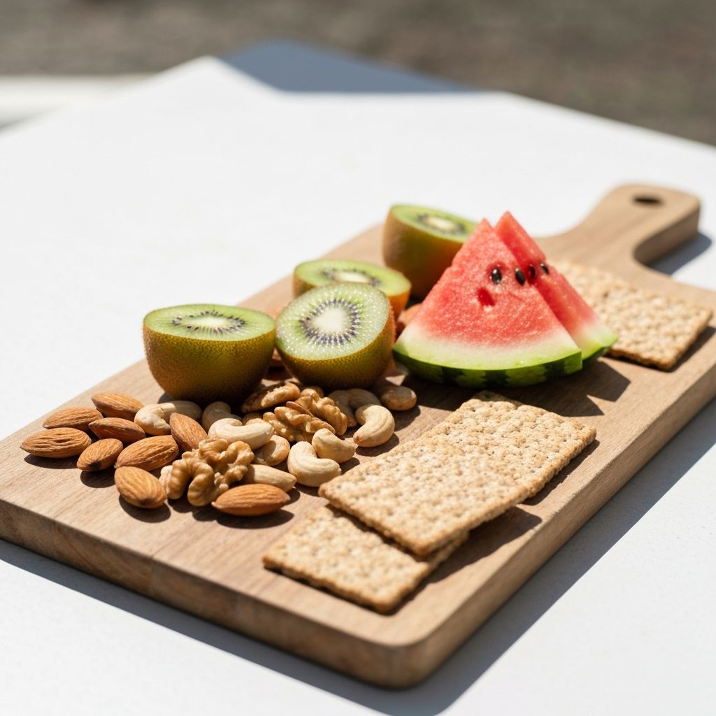 Gesunde Zwischenmahlzeiten auf Holzbrett arrangiert